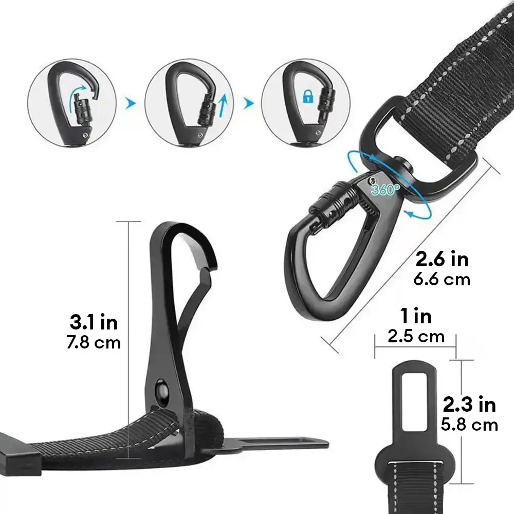 3 in 1 Dog Car Seat Belt Bungee With 360° Lockable Buckle & Hook Latch - Image 7