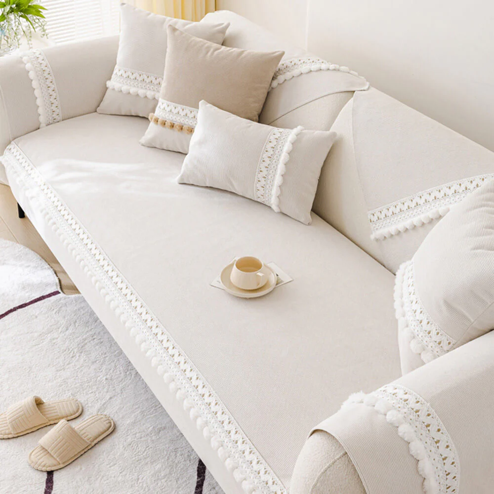 All-Season Waterproof Anti-Scratch Soft Corduroy Couch Cover with Pom-poms - Image 10