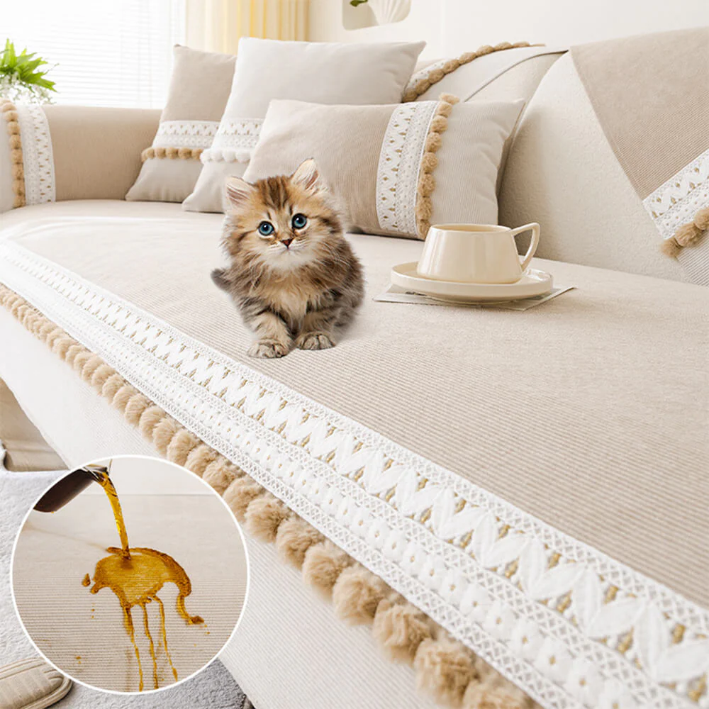 All-Season Waterproof Anti-Scratch Soft Corduroy Couch Cover with Pom-poms - Image 12