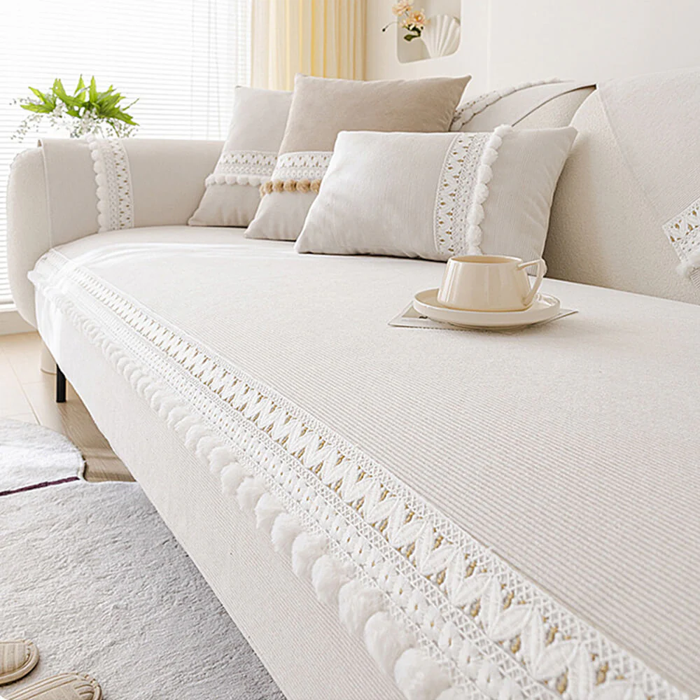 All-Season Waterproof Anti-Scratch Soft Corduroy Couch Cover with Pom-poms - Image 13