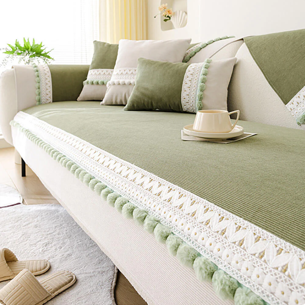 All-Season Waterproof Anti-Scratch Soft Corduroy Couch Cover with Pom-poms - Image 14