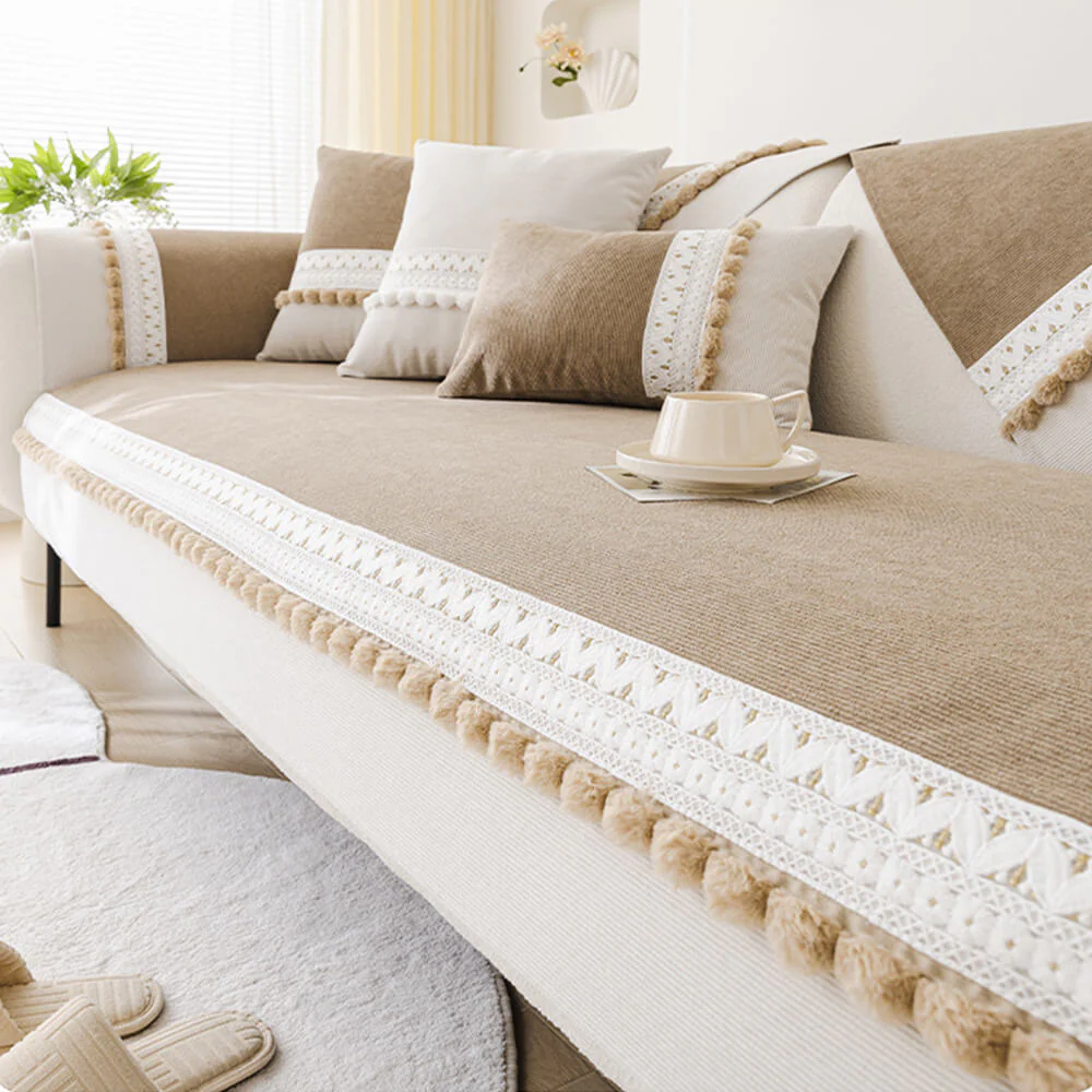 All-Season Waterproof Anti-Scratch Soft Corduroy Couch Cover with Pom-poms - Image 15