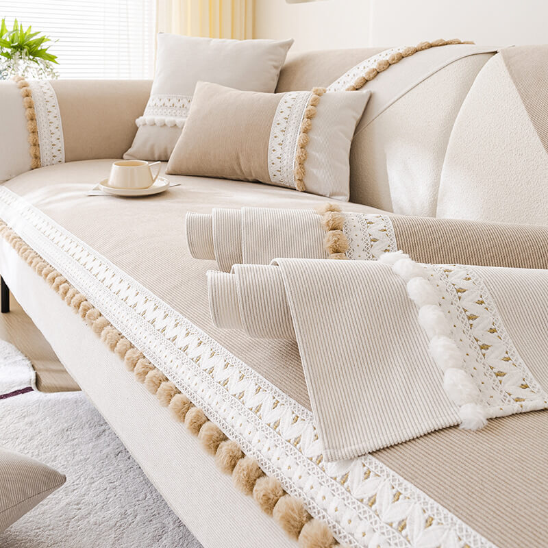 All-Season Waterproof Anti-Scratch Soft Corduroy Couch Cover with Pom-poms - Image 16