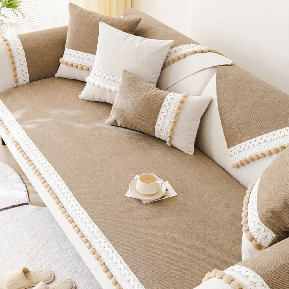 All-Season Waterproof Anti-Scratch Soft Corduroy Couch Cover with Pom-poms - Image 3