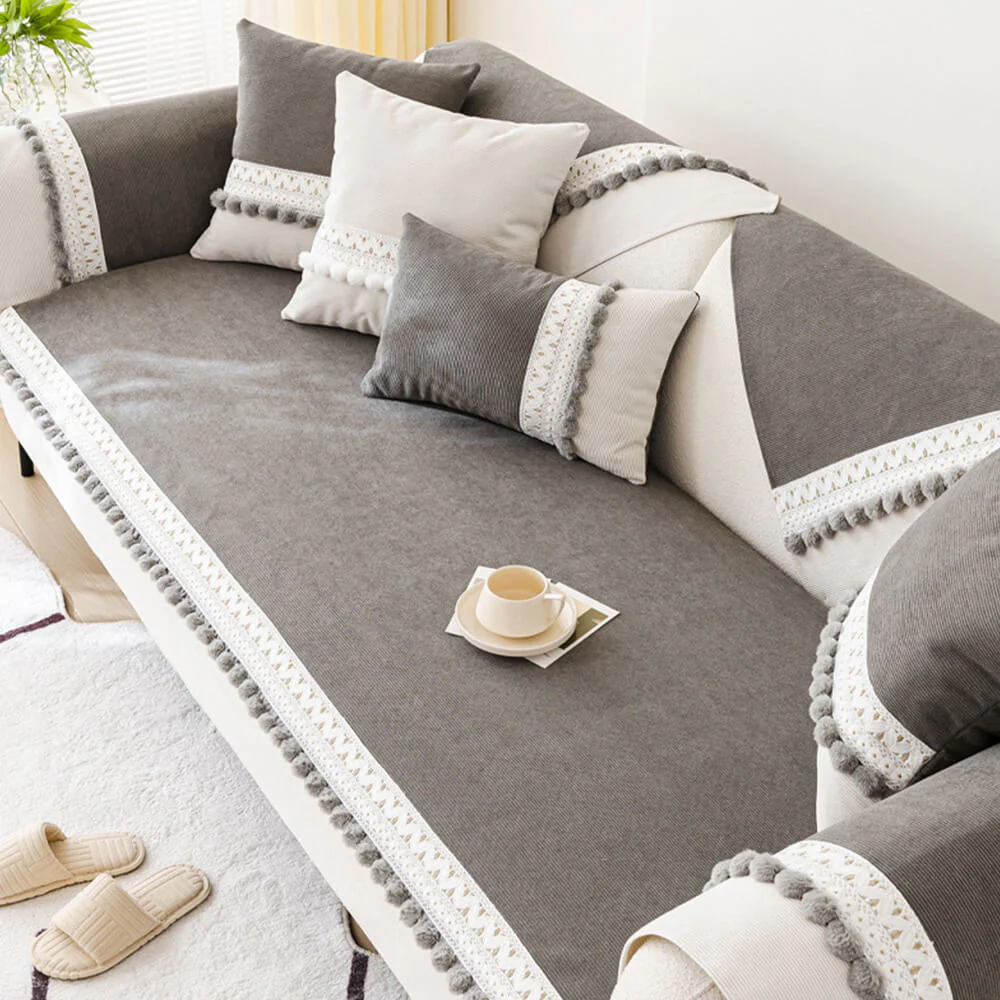 All-Season Waterproof Anti-Scratch Soft Corduroy Couch Cover with Pom-poms - Image 8