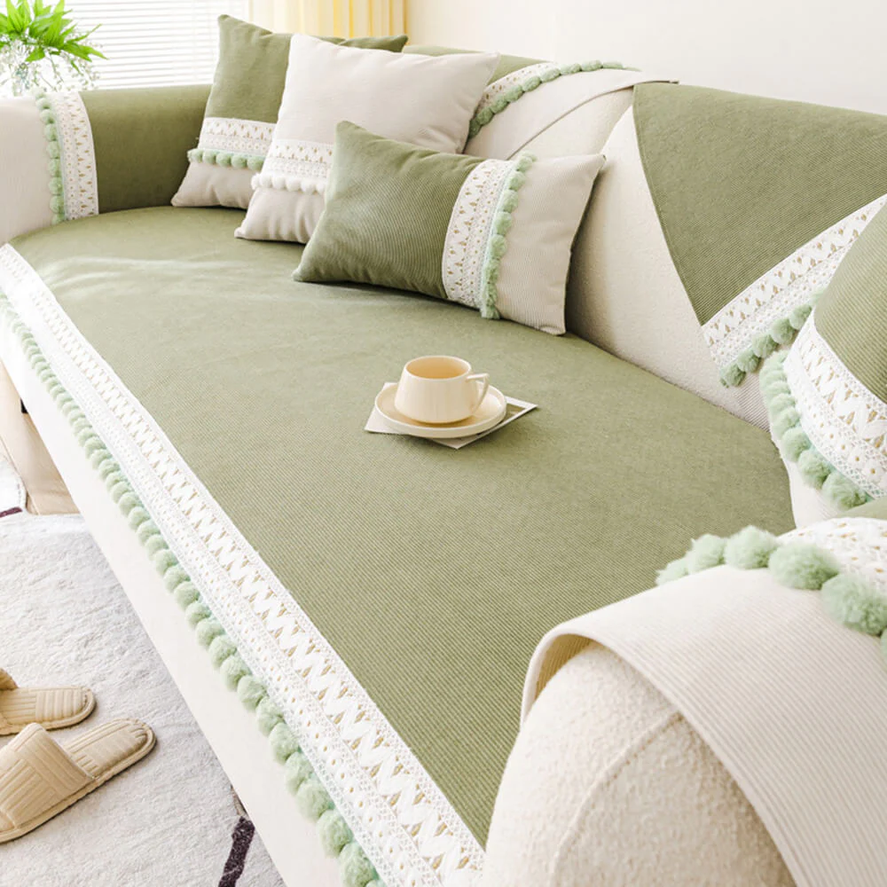 All-Season Waterproof Anti-Scratch Soft Corduroy Couch Cover with Pom-poms - Image 9