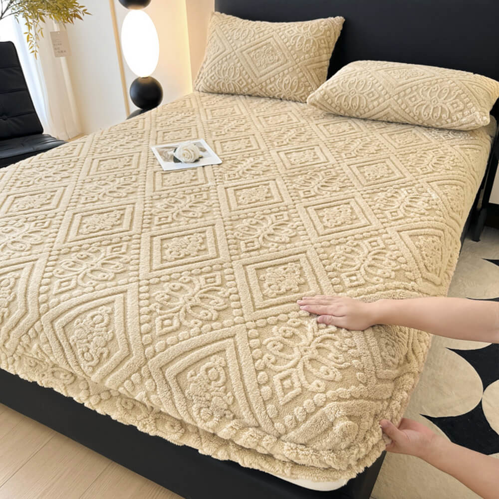 Baroque Style Embossed Warm Milk Velvet Fitted Sheet Mattress Cover - Image 11