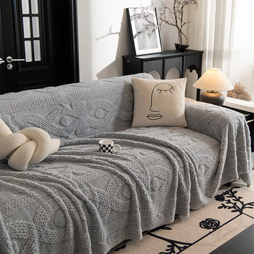Bowknot Jacquard Plush Multifunctional Sofa Blanket Couch Cover - Image 9
