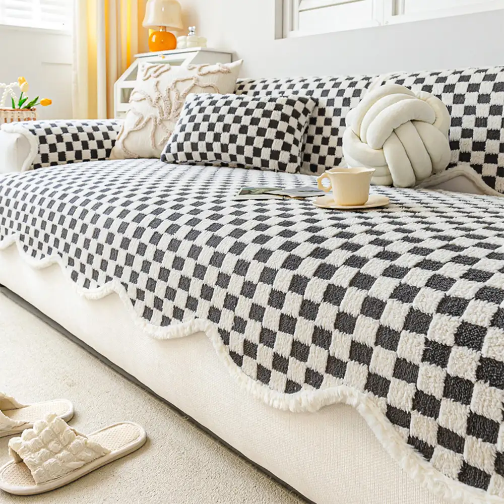 Classic Checkerboard Plush Comfortable Scratch-Resistant Non-Slip Couch Cover - Image 12
