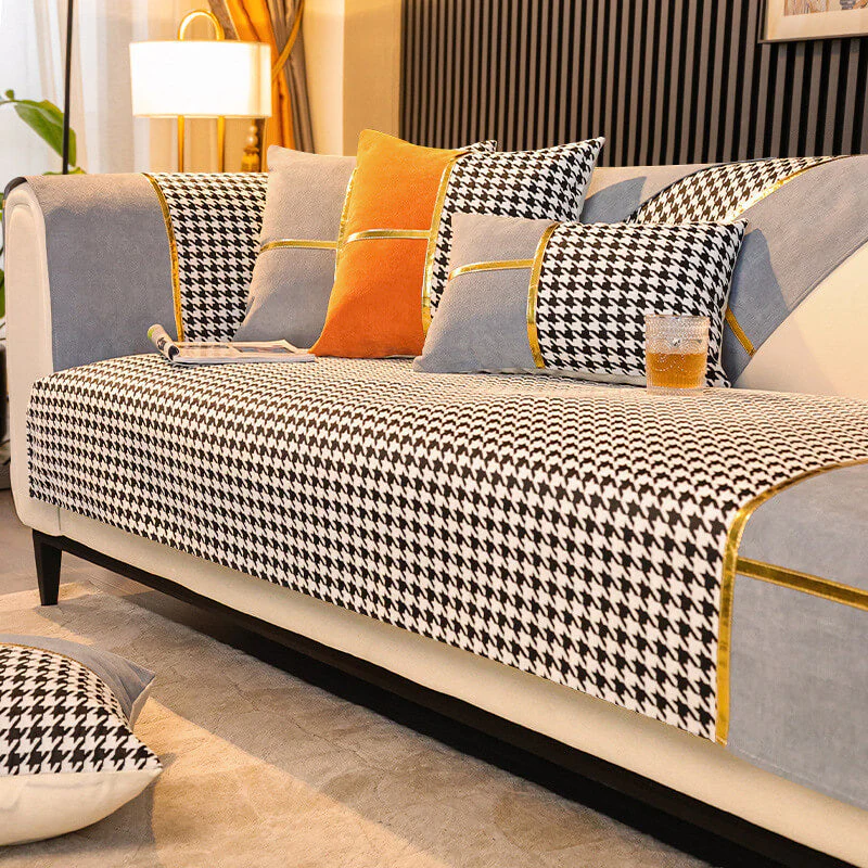 Classic Houndstooth Print Chenille Non-slip Couch Cover - Image 15
