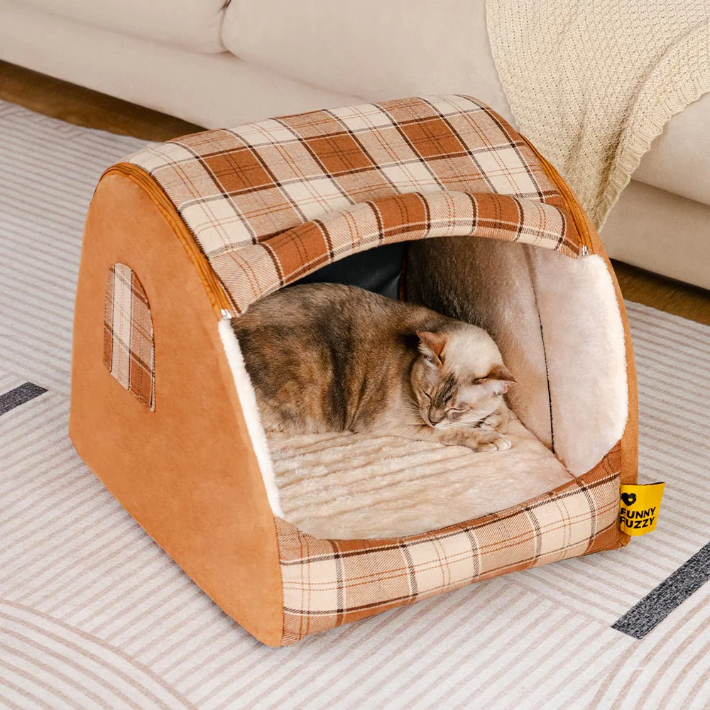 Classical Plaid House Orthopaedic Cat Bed - Retreat Cabin - Image 2