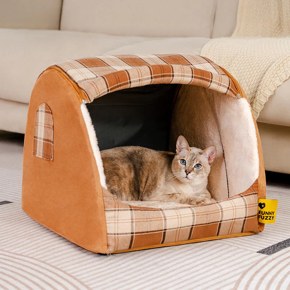Classical Plaid House Orthopaedic Cat Bed - Retreat Cabin - Image 3
