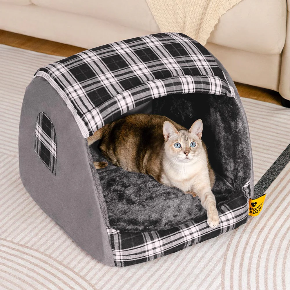 Classical Plaid House Orthopaedic Cat Bed - Retreat Cabin - Image 4