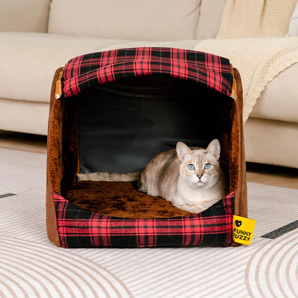 Classical Plaid House Orthopaedic Cat Bed - Retreat Cabin - Image 5