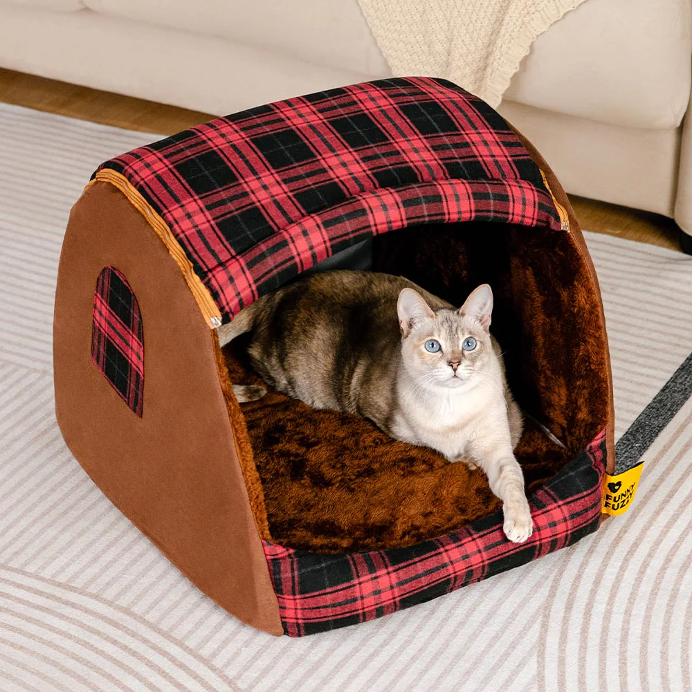 Classical Plaid House Orthopaedic Cat Bed - Retreat Cabin - Image 7
