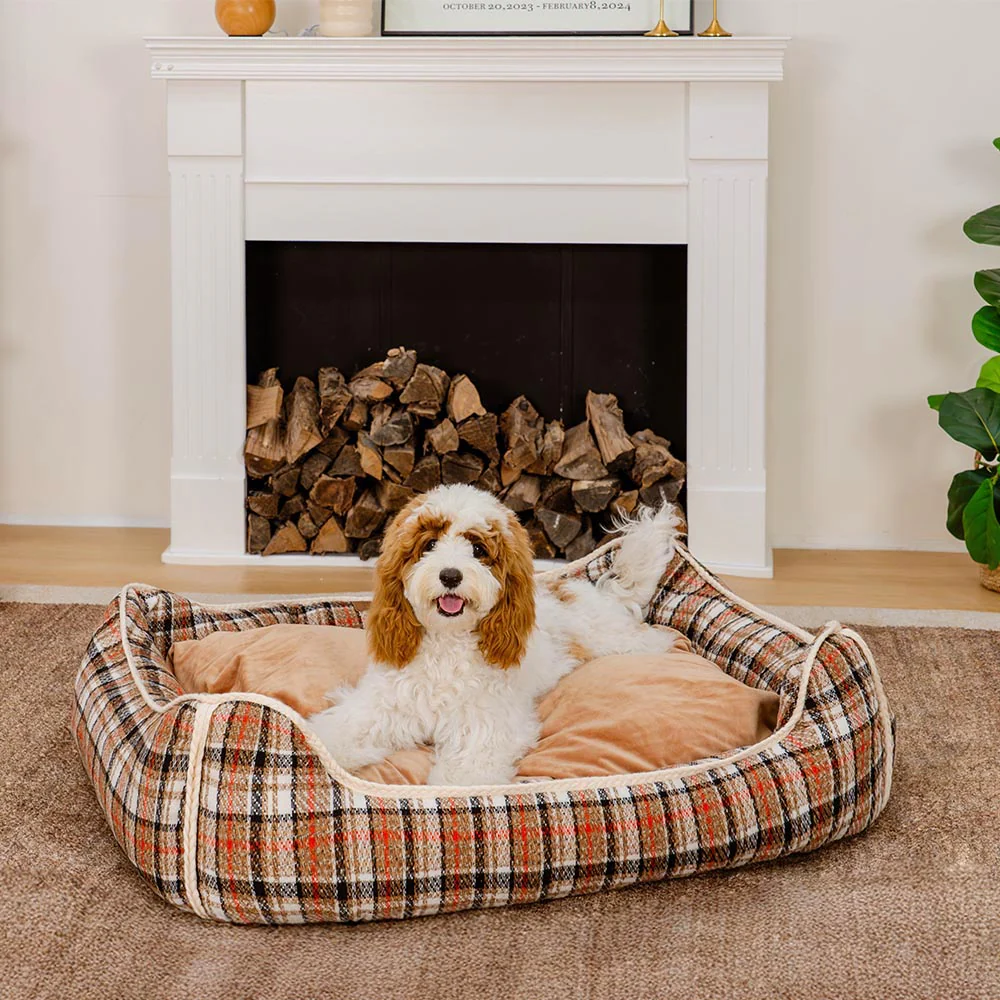 Classical Retro Plaid Removable Bolster Calming Dog Bed - Nostalgic Retreat - Image 10