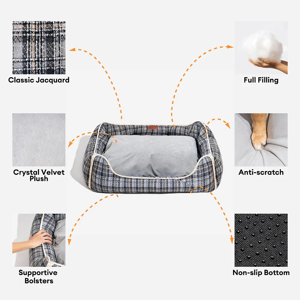 Classical Retro Plaid Removable Bolster Calming Dog Bed - Nostalgic Retreat - Image 11