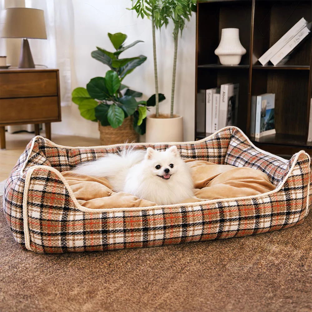 Classical Retro Plaid Removable Bolster Calming Dog Bed - Nostalgic Retreat - Image 8