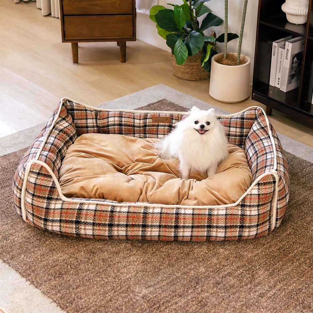Classical Retro Plaid Removable Bolster Calming Dog Bed - Nostalgic Retreat - Image 9