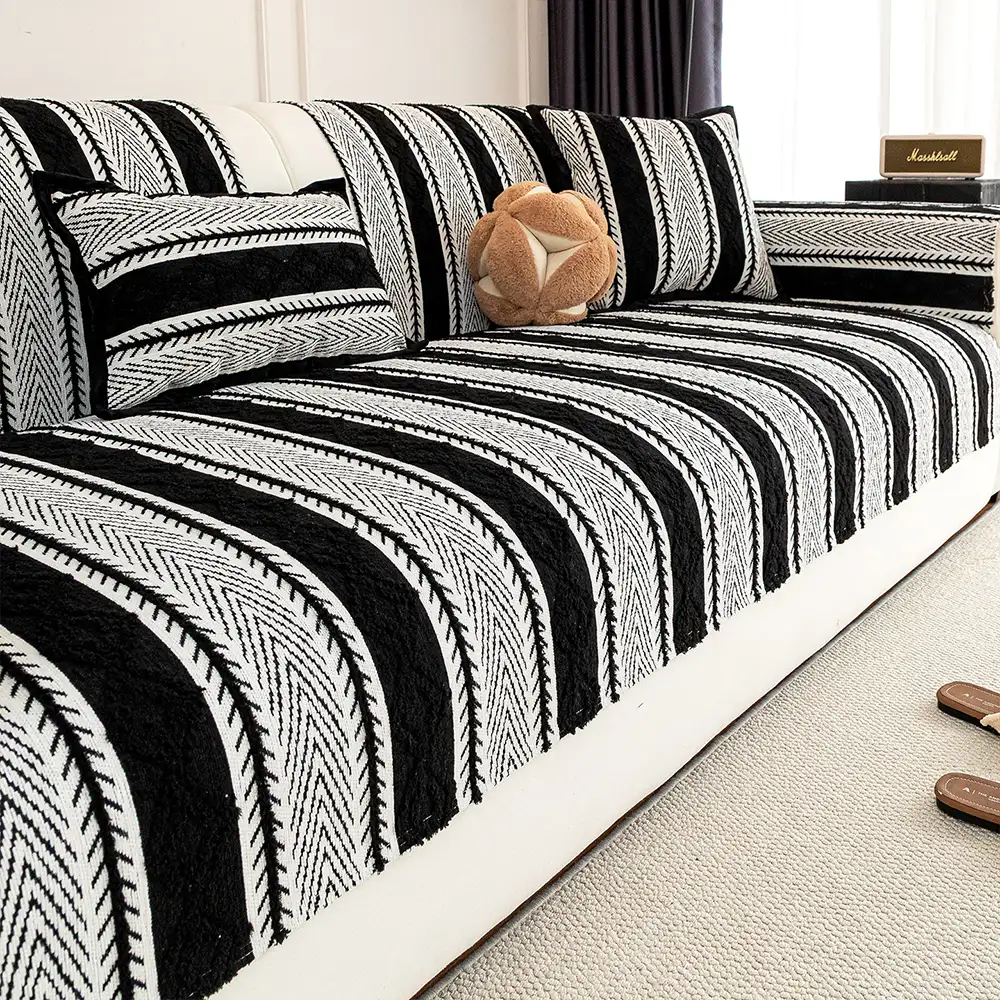 Color-Blocked Striped Chenille Non-Slip Couch Cover - Suitable For All Seasons - Image 13
