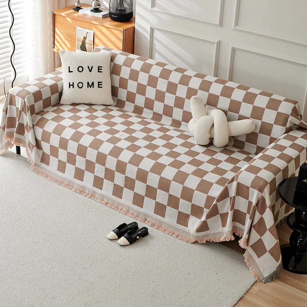 Colour Block Chequerboard Fringe Trim Sofa Blanket Couch Cover - Image 3