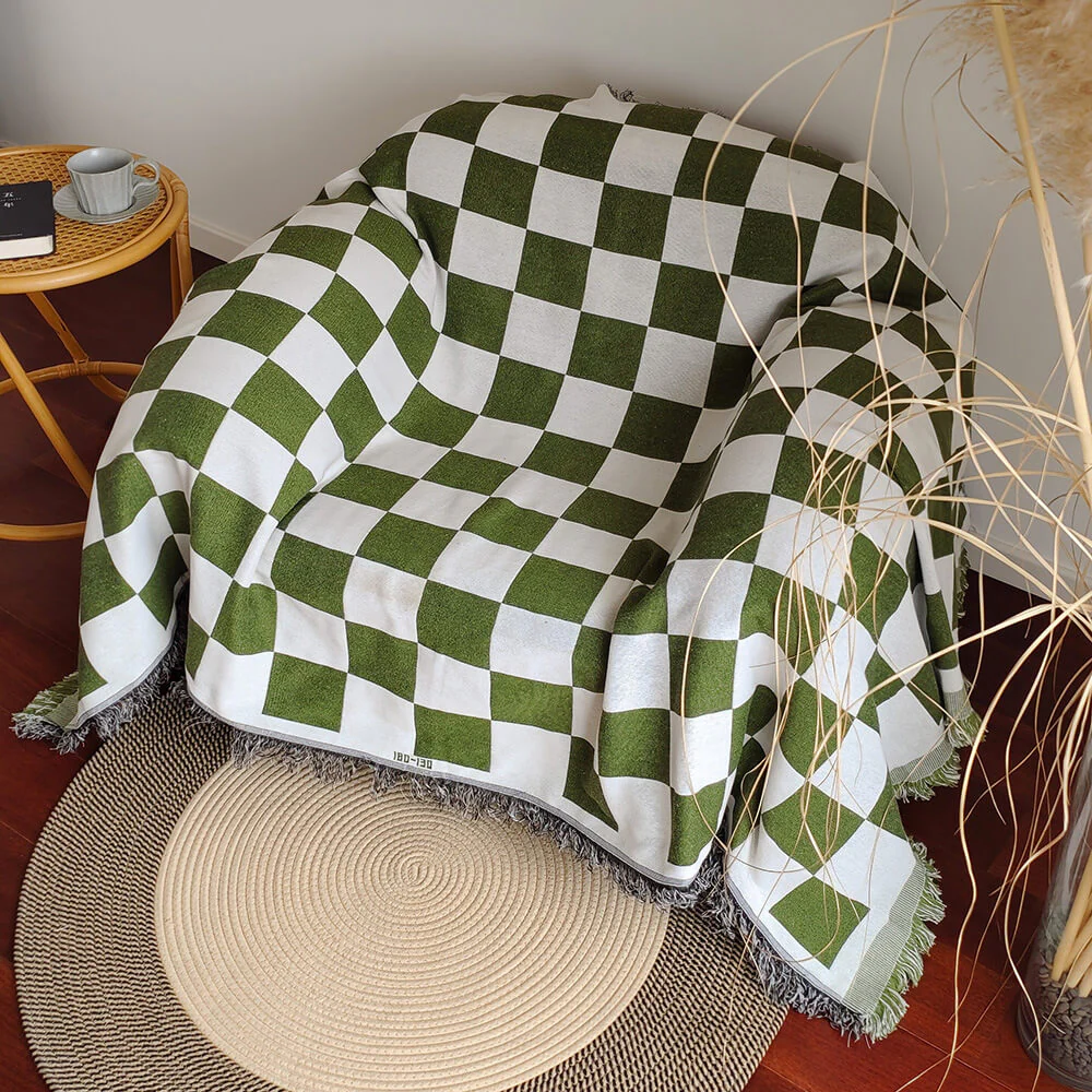Colour Block Chequerboard Fringe Trim Sofa Blanket Couch Cover - Image 5
