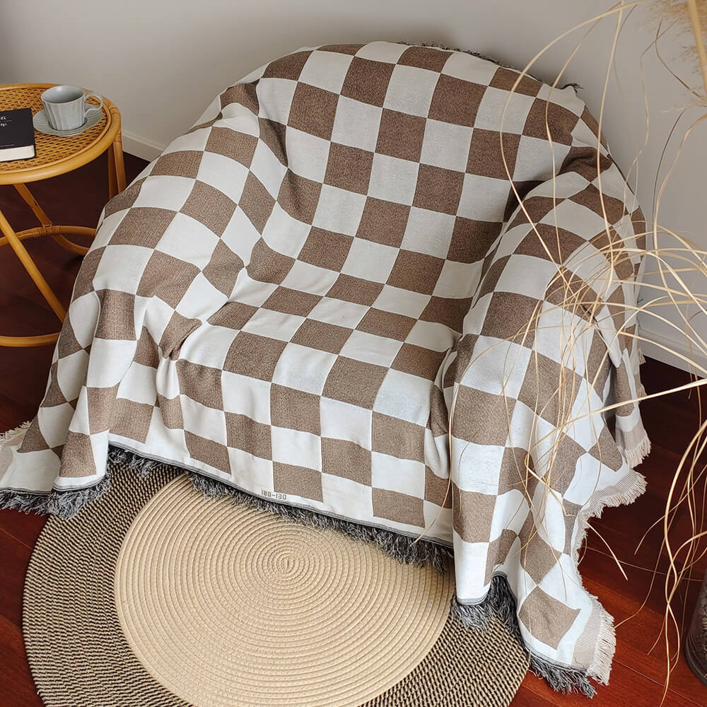 Colour Block Chequerboard Fringe Trim Sofa Blanket Couch Cover - Image 6