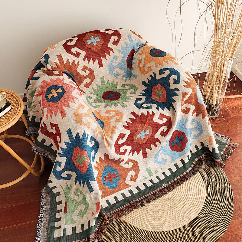 Colour Block Chequerboard Fringe Trim Sofa Blanket Couch Cover - Image 7