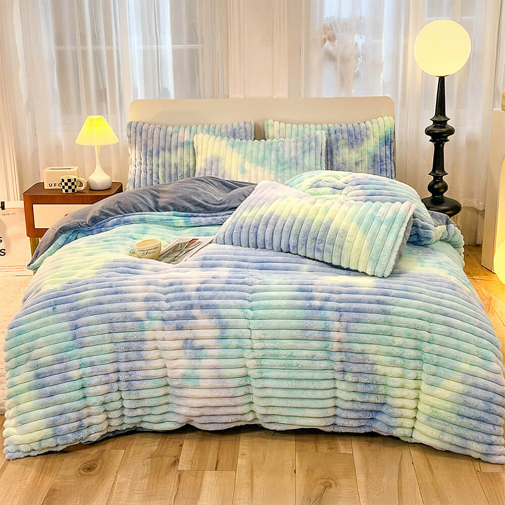 Colourful Gradient Textured Bubble Faux Rabbit Fur Soft Bed Sheet Set - Image 12