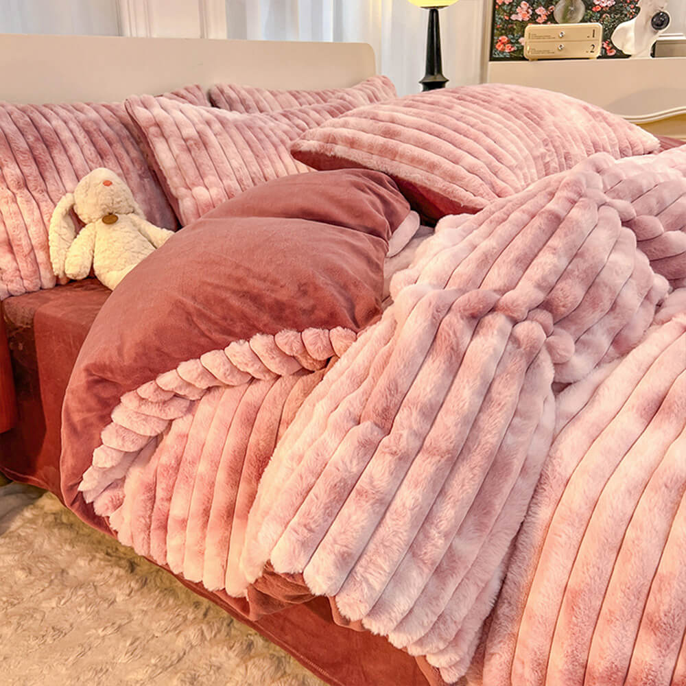 Colourful Gradient Textured Bubble Faux Rabbit Fur Soft Bed Sheet Set - Image 13