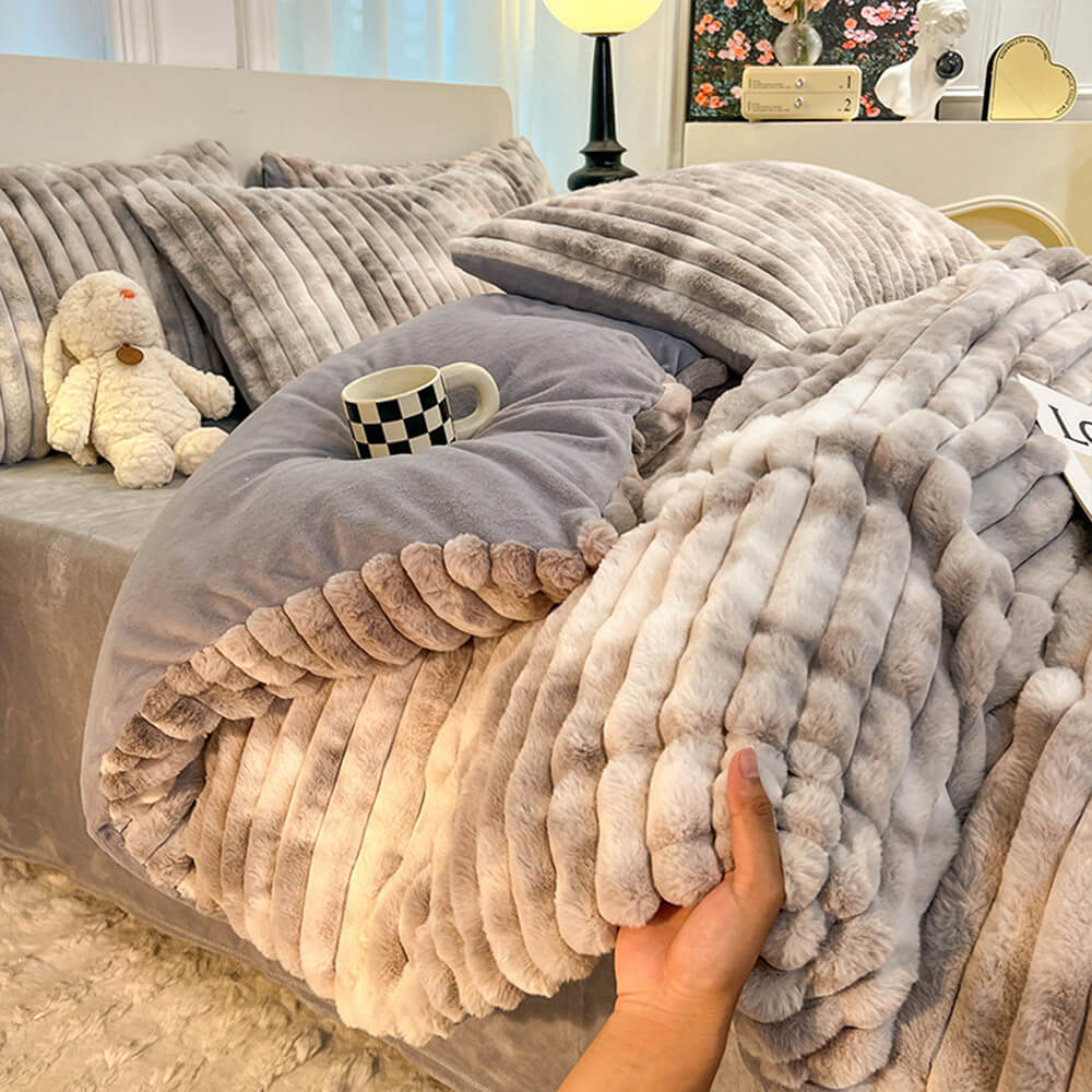 Colourful Gradient Textured Bubble Faux Rabbit Fur Soft Bed Sheet Set - Image 14