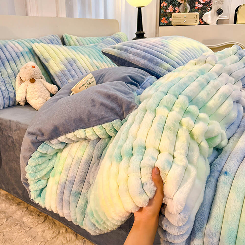 Colourful Gradient Textured Bubble Faux Rabbit Fur Soft Bed Sheet Set - Image 15