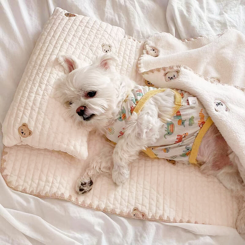Cosy Embroidered Cotton Pet Pillow Quilt Bed Set - Image 5
