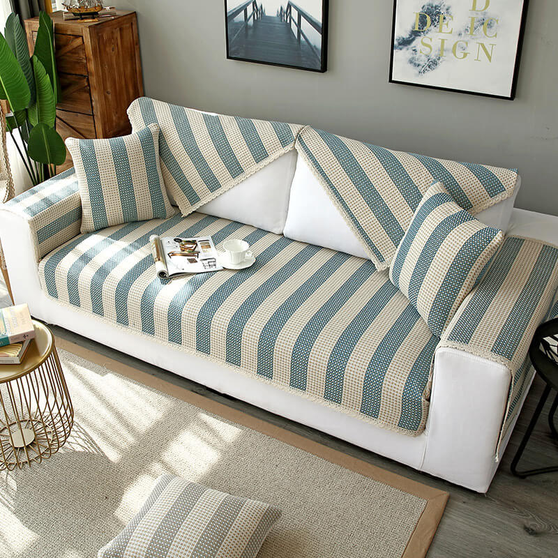 Cotton Linen Stripe Anti-scratch Furniture Protector Couch Cover - Image 3