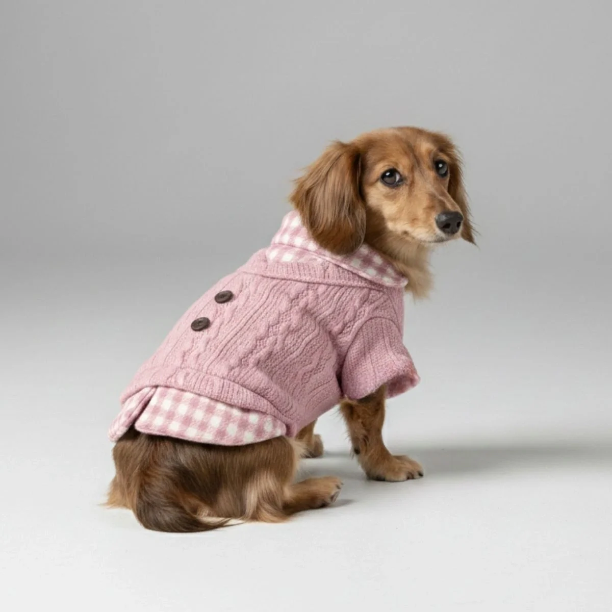 Cozy Knitted Dog Jumper with Plaid Collar – Available in Pink & Blue