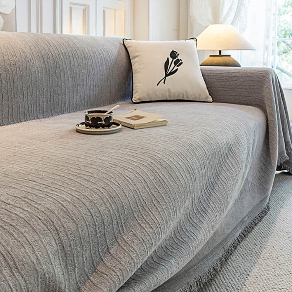 Cream Chenille Textured Pet-Friendly Anti-Scratch Throw Couch Cover - Image 2