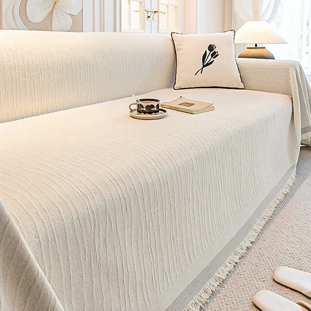 Cream Chenille Textured Pet-Friendly Anti-Scratch Throw Couch Cover - Image 9