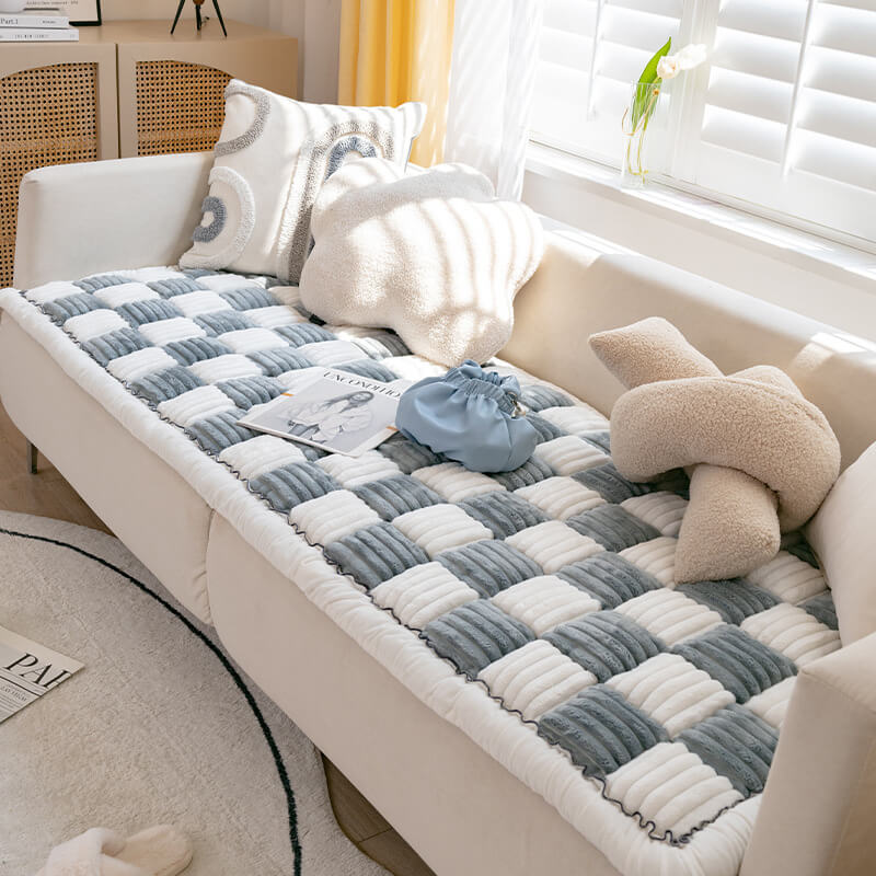 Cream-coloured Large Plaid Square Pet Carpet Bed Couch Cover - Image 11