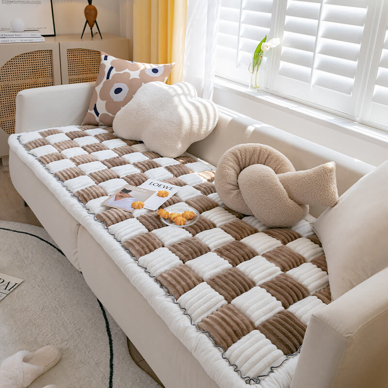Cream-coloured Large Plaid Square Pet Carpet Bed Couch Cover - Image 15