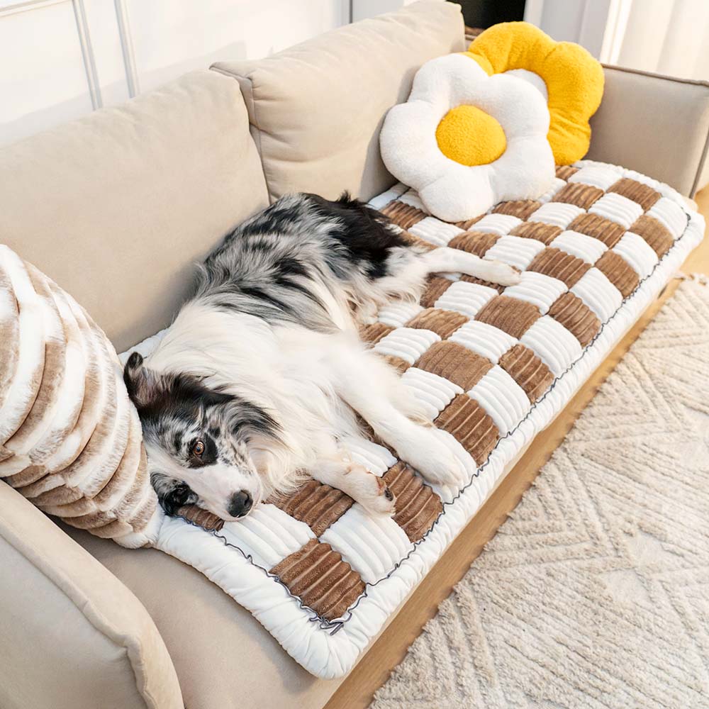 Cream-coloured Large Plaid Square Pet Carpet Bed Couch Cover - Image 8