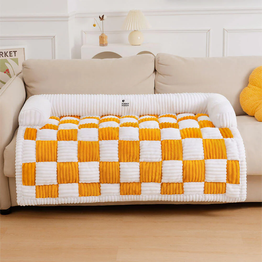 Cream Square Plaid Cosy Dog Mat Furniture Protector Cover - Image 6
