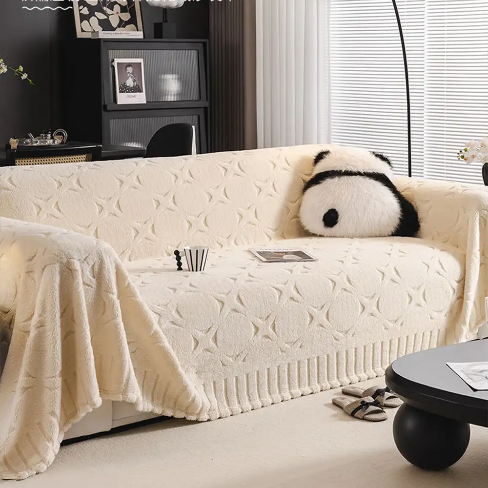 Cream Textured Jacquard Design Sofa Decorative Throw Couch Cover - Image 3