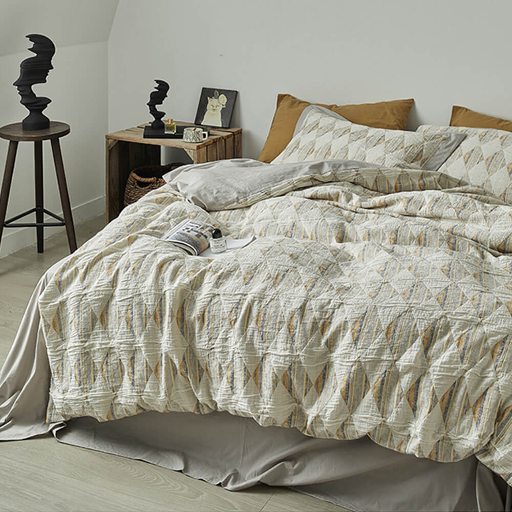 Diamond Jacquard Double-Layer Crinkled Cotton Bed Sheet Set - Image 9