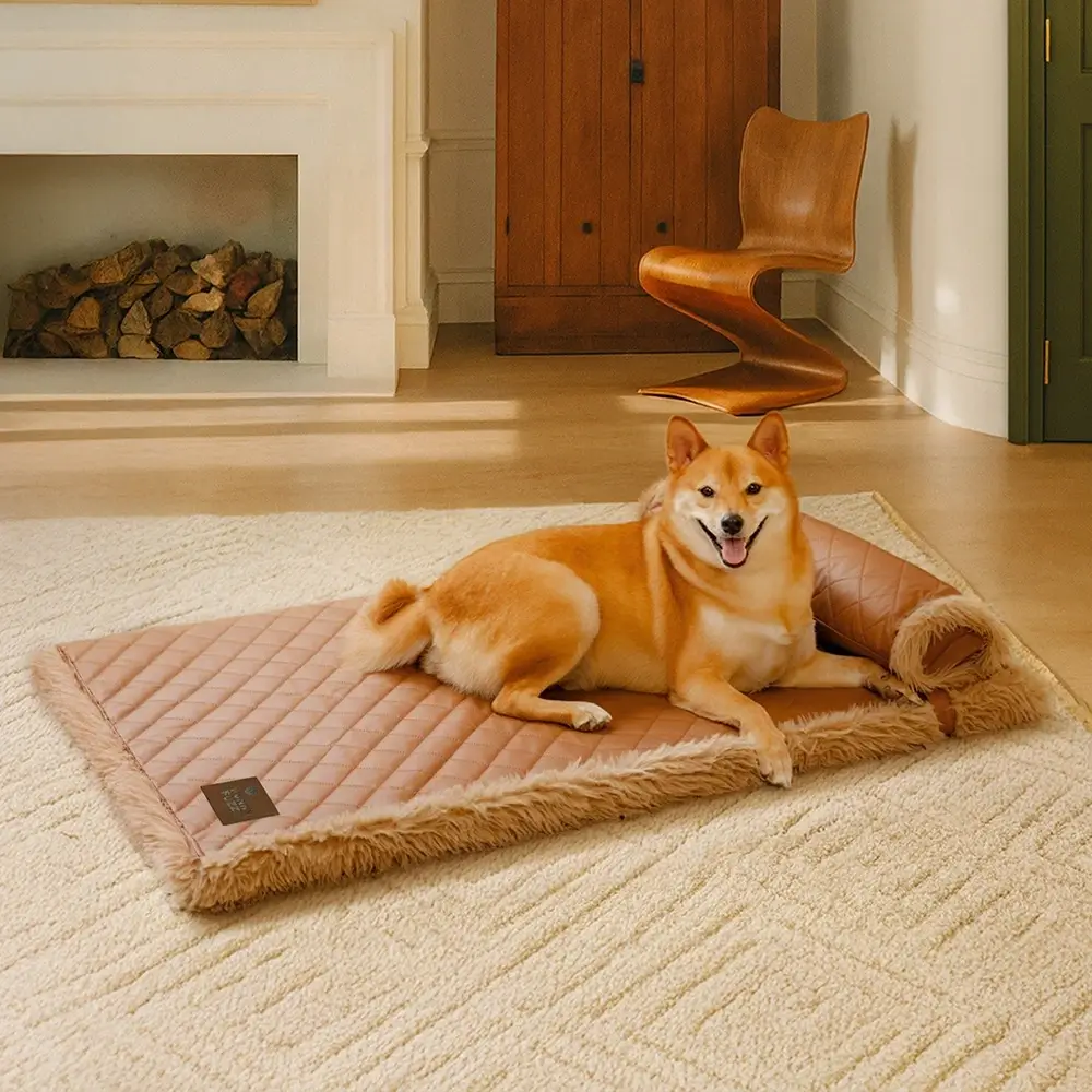 Dual-Sided Faux Leather＆Warm Plush Removable Sponge Dog Mat With Pillow - Image 13
