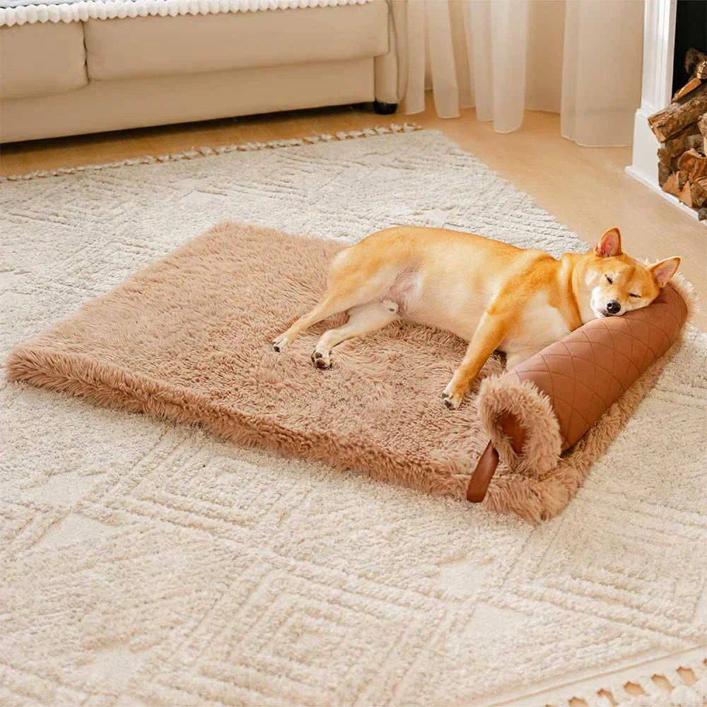 Dual-Sided Faux Leather＆Warm Plush Removable Sponge Dog Mat With Pillow - Image 2