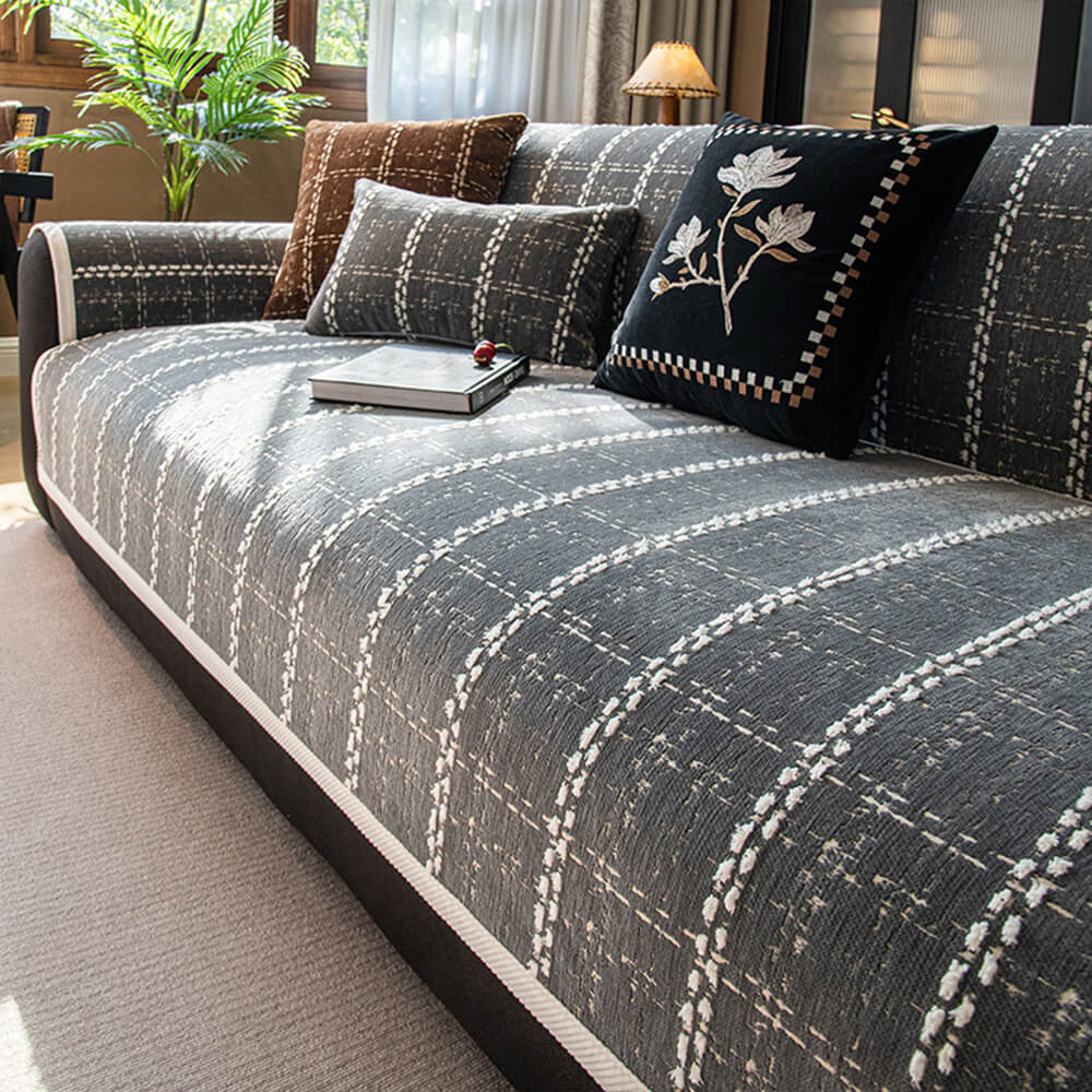 Elegant Chequered Jacquard Chenille All-Season Sofa Protector Couch Cover - Image 10