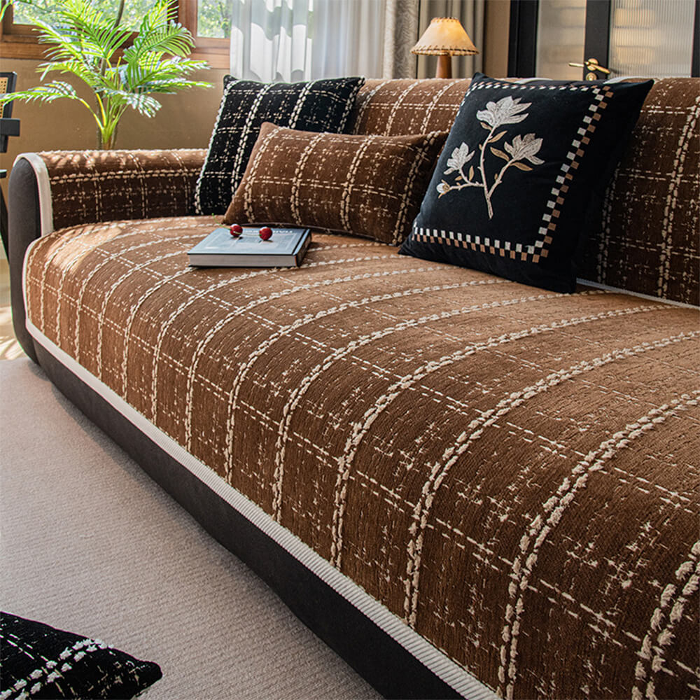Elegant Chequered Jacquard Chenille All-Season Sofa Protector Couch Cover - Image 11