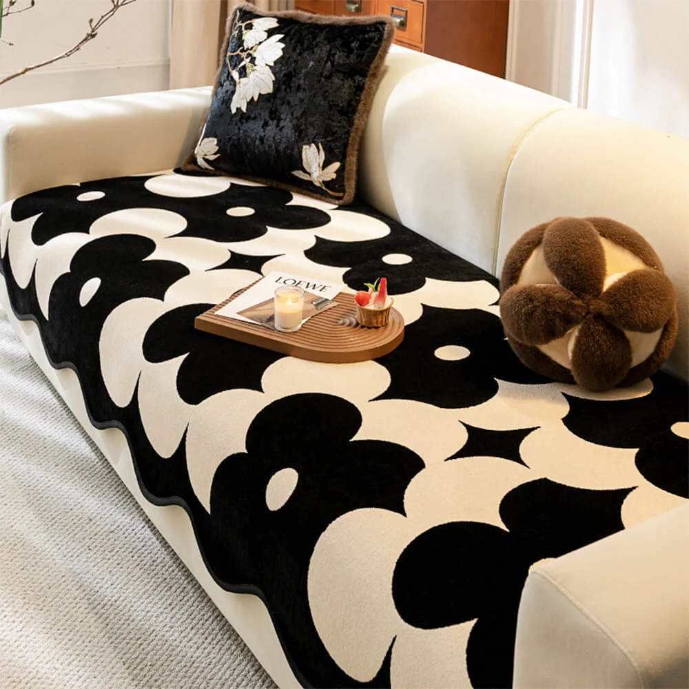 Elegant Floral Chenille Couch Cover with Wavy Border - Image 3