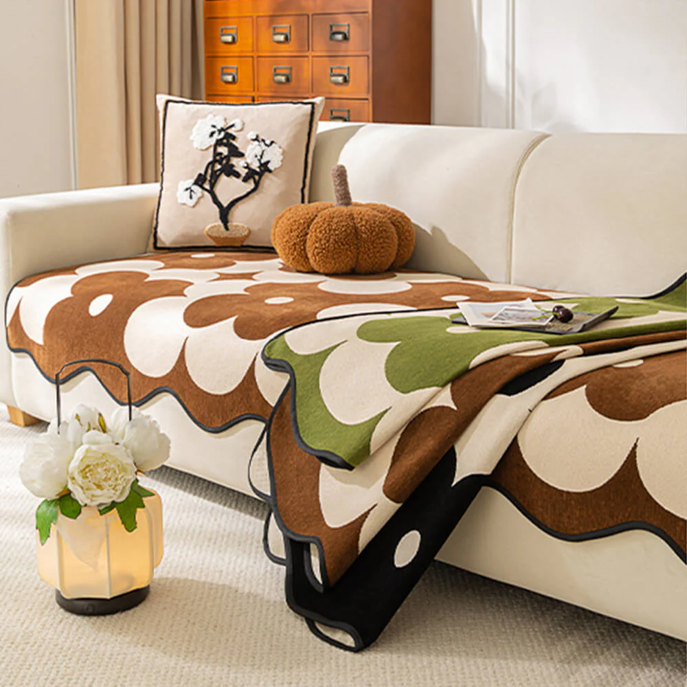 Elegant Floral Chenille Couch Cover with Wavy Border - Image 5