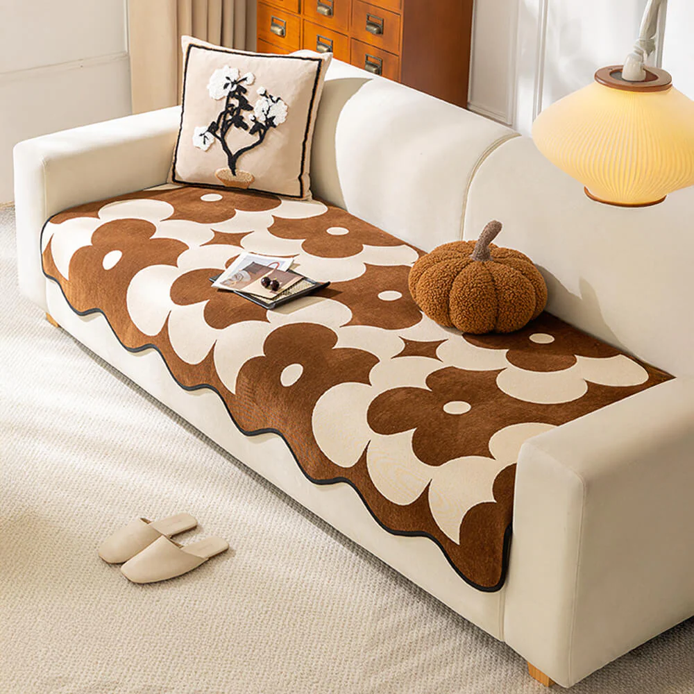 Elegant Floral Chenille Couch Cover with Wavy Border - Image 6